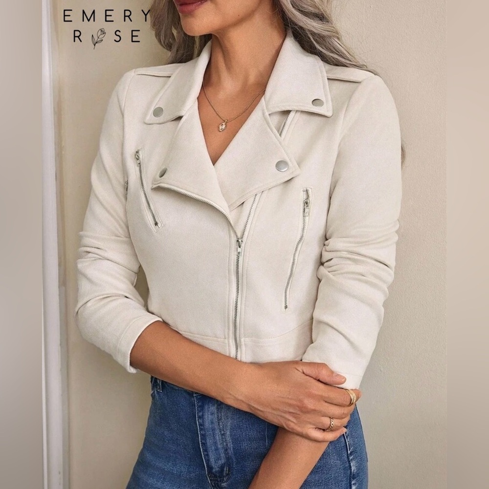 SHEIN EMERY ROSE Lapel Neck Zip Up Suedette Moto Jacket